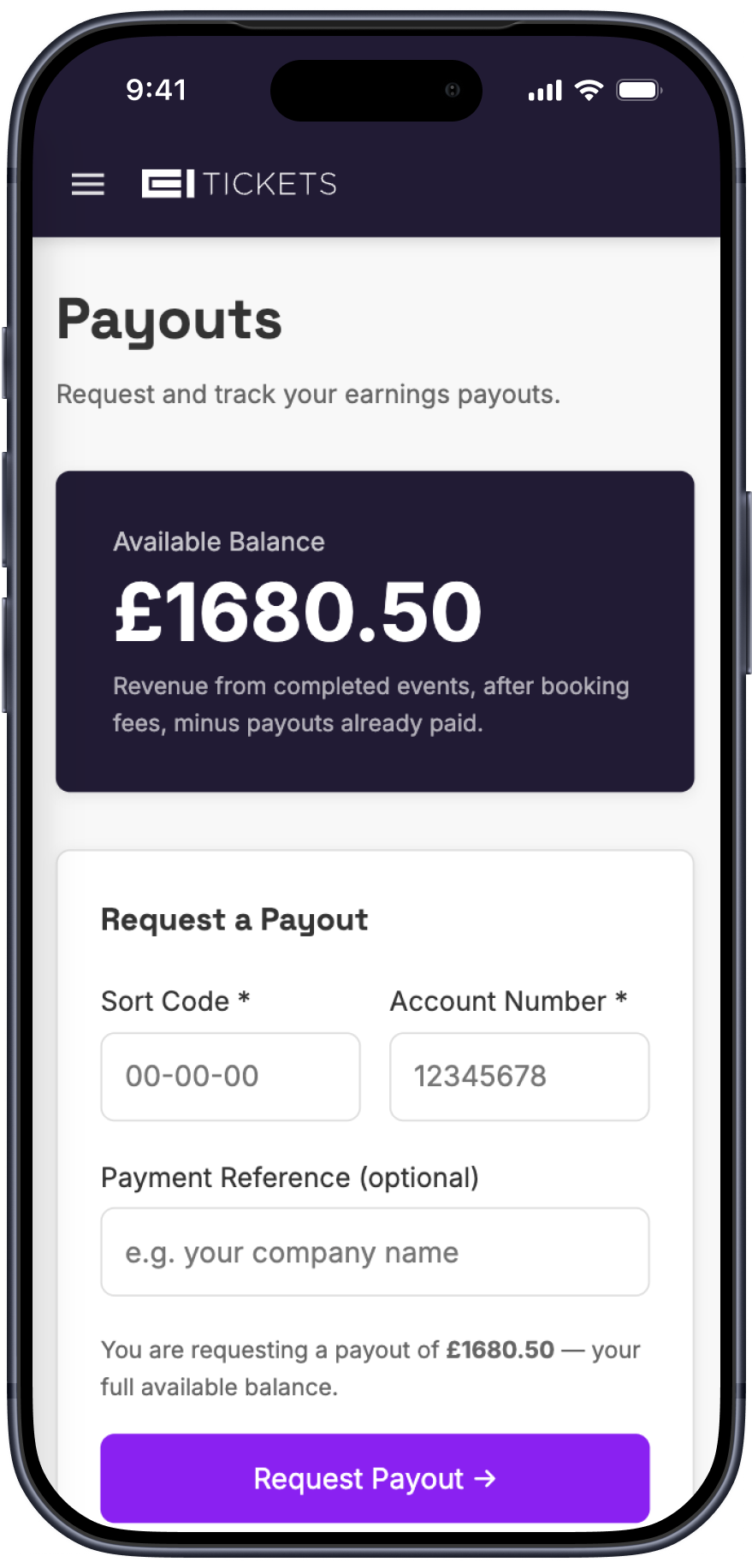 Instant payout requests on EI Tickets
